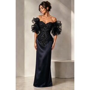 VTG 1990s Cache Black Sequin Beaded Lace Ruffle Evening Gown Dress 8 USA Made
